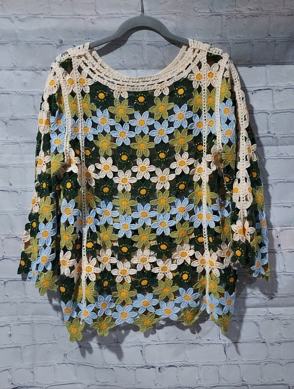 Boho Hippie Festival Flower Power Crochet Open Knit M Top Bell Sleeves No Tag